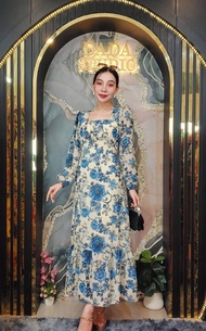 ชุดเดรสผ้าซีฟอง3Dลายกุหลาบสีฟ้าแขนยาวNo. 425