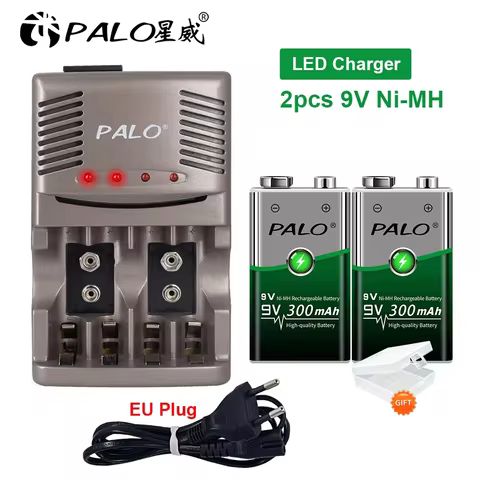 PALO 9V Rechargeable Battery Ni-MH 9V 6F22 Battery+Smart Charger for 1.2V AA AAA nimh nicd battery f
