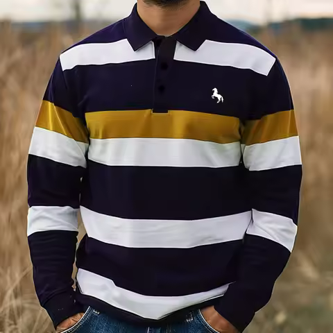 Men's Striped Rugby Long Sleeve Polo Collar Business Casual Outdoor Street Dailywear 3D Print Spring