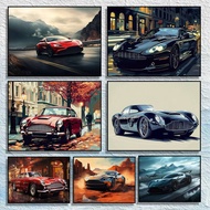 Silver Aston Martin DB11 Canvas Elegant Sports Car Lawn Small Birds Animals Art Home Poster