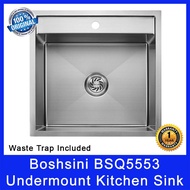 Boshsini BSQ5553 Undermount Kitchen Sink. Nano Coating. Waste Trap Included. SUS304 Stainless Steel. Local SG Stock.