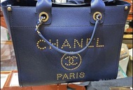 95%新 Chanel Deauville 藍色荔枝皮鍋釘上膊袋Tote Bag  超靚！ 新款～～