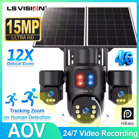 LS VISION 7/24 Recording Outdoor Surveillance Camera Powered Battery 4G 15MP AOV 3 Lens 12X Zoom Hom