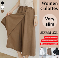 Women Casual Culottes Plus Size Wide Leg Palazzo Pants Loose Elastic Waist Long Trousers Cotton Linen Pants