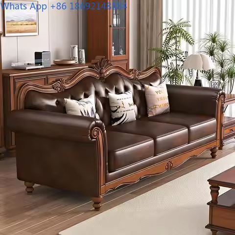 American Retro Classical Top Grain Leather Sofa Set Living Room Solid Wood Genuine Leather Sofa
