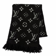 成色極佳☆LOUIS VUITTONM75833 Logomania Shine 羊毛真絲圍巾，黑色銀色，義大利製造，正品女士圍巾