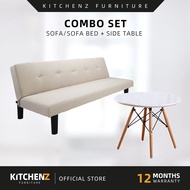 KitchenZ 3 Seater KitchenZ Linen Fabric Foldable Sofa Bed / Beige + 2FT Round Modern Solid Side Table / Meja Sisi