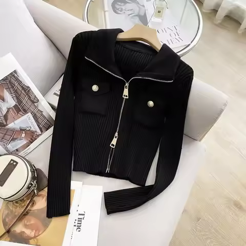Spring Autumn 2025 Polo Collar Zipper Women's Knitted Cardigan Sweater Coat Comfortable Korean Versi