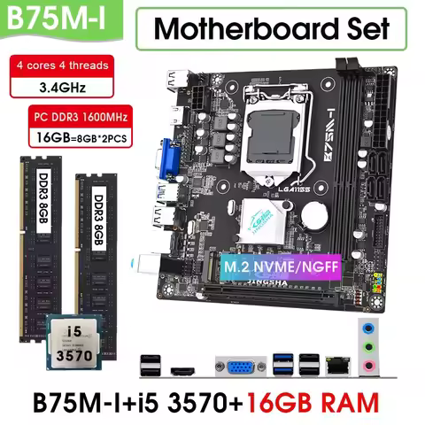Mini ITX B75 lga 1155 Motherboard Set With i5 3570 CPU and 2*8GB=16GB DDR3 1600MHZ Desktop RAM NVME 