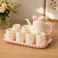 Shefu 8pcs Pink Bow Ceramic Teapot & Cup Set with Serving Tray