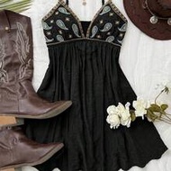 Women's Black And Gold Summer Boho Old Money 1940s Vintage Holiday Spaghetti Strap V-Neck Backless R