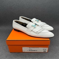Hermes/愛馬仕 金扣未撕膜白色流蘇樂福鞋 37碼