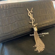 YSL 流蘇宴會手袋手拿包 - 黑色鱷魚皮壓紋Tassel Clutch