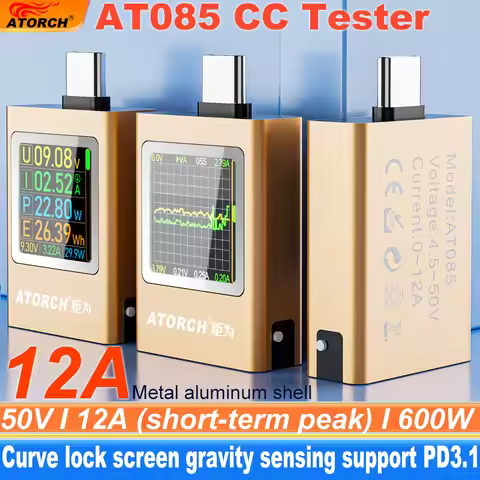 AT085 DC 4.5-50V 0-12A 600W PD3.1 Digital Display Voltage Ammeter Power Bank Meter Type-c Cell Phone