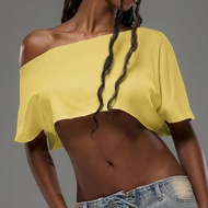 เสื้อยืดผู้หญิงคอเบี้ยวตัวสั้นเกินขนาด สไตล์สตรีท Ibiza ไปเที่ยวออกงาน คลับ