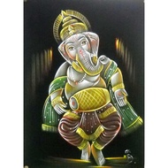 Indian Lord Ganesha Playing Mridangam Dholak made Painting on Velvet Fabric Wall Hanging: Size x CM 