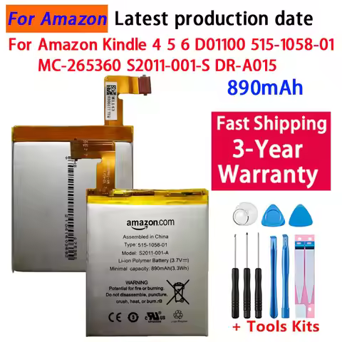 100% 890mAh Battery For Amazon Kindle 4 5 6 D01100 515-1058-01 MC-265360 S2011-001-S DR-A015 Replace