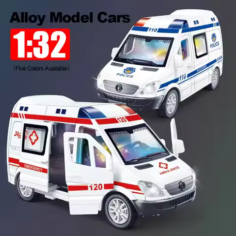 1:32 Hospital Rescue Ambulance Police Diecast Car Model with Pull Back Sound Light Toys Gifts BoysTo