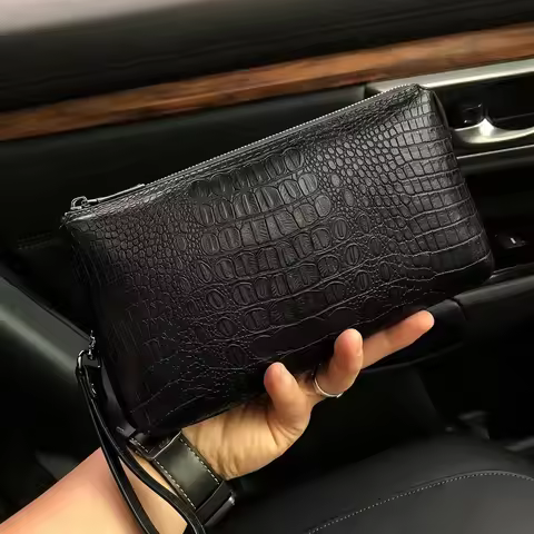 Vintage Men's Clutch Bag Crocodile-Print Clutch Bag Large Capacity Men's Handbag Portable Phone Case