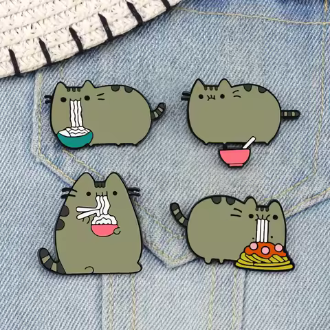 Cats Eat Noodles Enamel Pin Cartoon Fat Gray Cat Denim Bag Badge Chubby Greedy Animals Jacket Lapel 