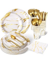 10入組白金大理石設計紙盤、9安士杯子(含匙、叉、刀)、餐巾，適用於賓客、婚禮、感恩節派對供應，一次性餐具