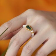 18k金翡翠葫蘆珍珠戒指 未時黃金天然強光正圓輕奢氣質女款禮物