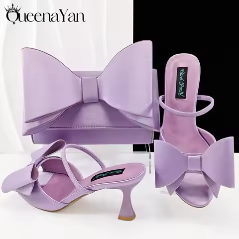 Queena Yan 2025 Fashion Newest Arrival Lilac Pointed Toe Women Heel Shoes Matching Bag Set for Ladie