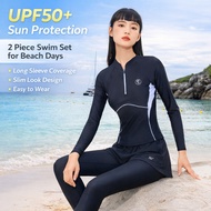Women 2 Piece Rash Guard Swimsuit UPF50+ Long Sleeve Zip Top Swim Leggings Set