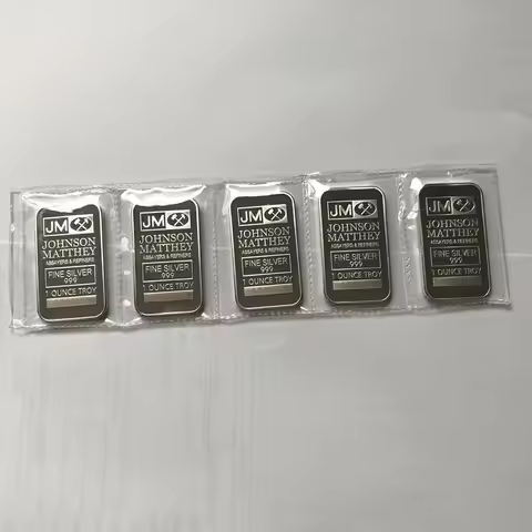 5 Pcs Non magnetic Johnson Matthey 1 OZ JM Silver Plated Vacuum Sealed Souvenir Coin Bar With Differ