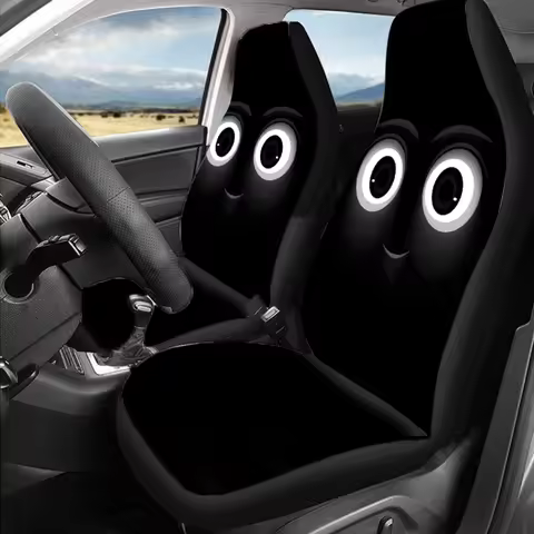 2pcs Funny Cartoon Eyes Car Seat Covers Black Cute Face Expression Design Polyester Protectors for T