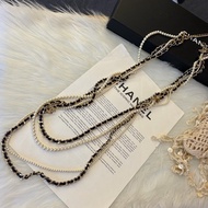 CHANEL 皮穿鍊珍珠長腰鍊項鍊