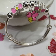 999 Solid Silver Cutie Kid Bangle Dangle Pink Honey Bee.