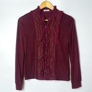 Blouse Ruffled Neck With Lace Decoration Dark Red Rayon Fabric Mixed Polyester Axes Femme Lacy Ruffl