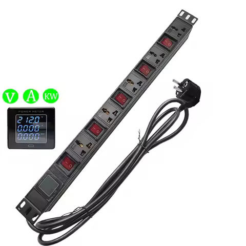 Network cabinet PDU power strip 5 way universal socket independent switch control Digital Voltmeter 