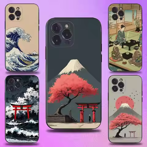 Japan Style Ukiyo-e New For iPhone 17,16,15,14,13,12,11,Pro,Max,Plus,E,SE4,Air,Mini Black Soft Cover