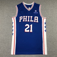 76ers Biru Bersulam No. 21 Jersi Bola Keranjang Embiid Bersulam Jersi Bola Keranjang Lelaki