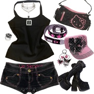 Punk y2k fairy gothic retro halter neck top with square buckle
