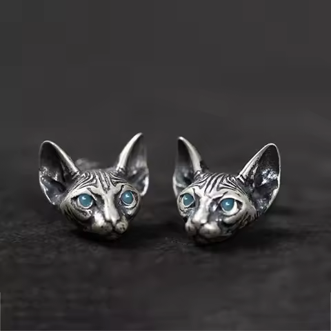 Retro Sphynx Hairless Cat Earings For Men Women Punk Gothic Hiphop Zinc Alloy Stud Earings Kitten Je