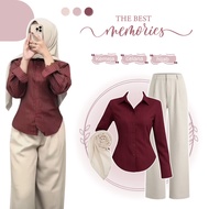 KEMEJA One Set 3in1 | Outfits TrendyWanitas | Coffee Outfit | Striped Shirt + Pants + Hijab - BU276N