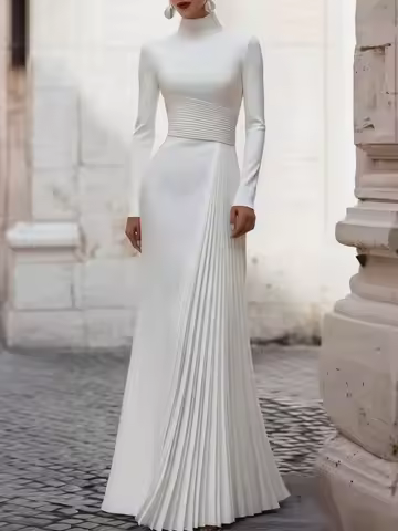 UOOZEE Women's Elegant Turtleneck Long Sleeves White Maxi Dress Ruched Waist Pleated Evening Wedding