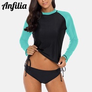 Anfilia ผู้หญิงแขนยาวเสื้อ Rashguard ด้านข้างชุดว่ายน้ำท่อนบนท่องเที่ยวเดินป่าเสื้อรัชการ์ด UPF50【หรูหรา】