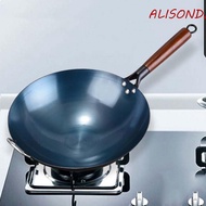 ALISONDZ Chinese Traditional Iron Wok, Anti-scalding Wooden Handle Iron Pot, Kitchen Cookware Round Bottom Non-stick Lightweight Frying Pan Induction Cooker