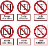 Stickers: 75 x 50 mm, Pack of 6 – Do Not Open Window – Prohibition Sign with Text (German) (Red/Whit
