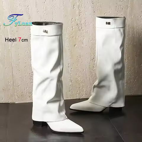 7CM Chunky Heel Autumn Winter Turned-Over Edge Trousers Leg Boots Women White Leather Knee-high Boot