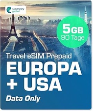 Simmetry Europe & US Data eSIM 5GB 90 Day Compatible with eSIM Enabled iOS and Android Devices Hotsp