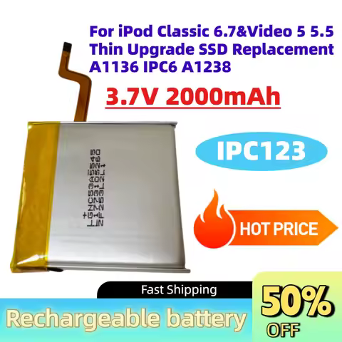 High-Quality IPC123 3.7V 2000mAh Square Battery for iPod Classic 6.7&Video 5 5.5 Thin Upgrade SSD Re