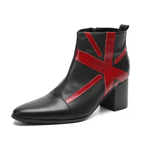 Handmade Pointed Toe Leather Dress Boots Men 7CM High Heel Men Boots Zip Black Business Leather Ankl
