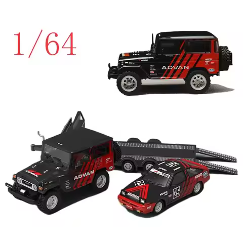 TM Diecast 1/64 Scale ‌Toyota FJ40 & AE86 Sports Car with ADVAN Trailer Set Alloy Car Model Toys for