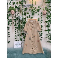 Beige floral dress, hand-embroidered dress
