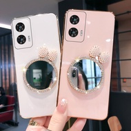 For Moto G96 Case Soft Plating brick inlaid pearl butterfly makeup mirror Smooth Electroplated For M